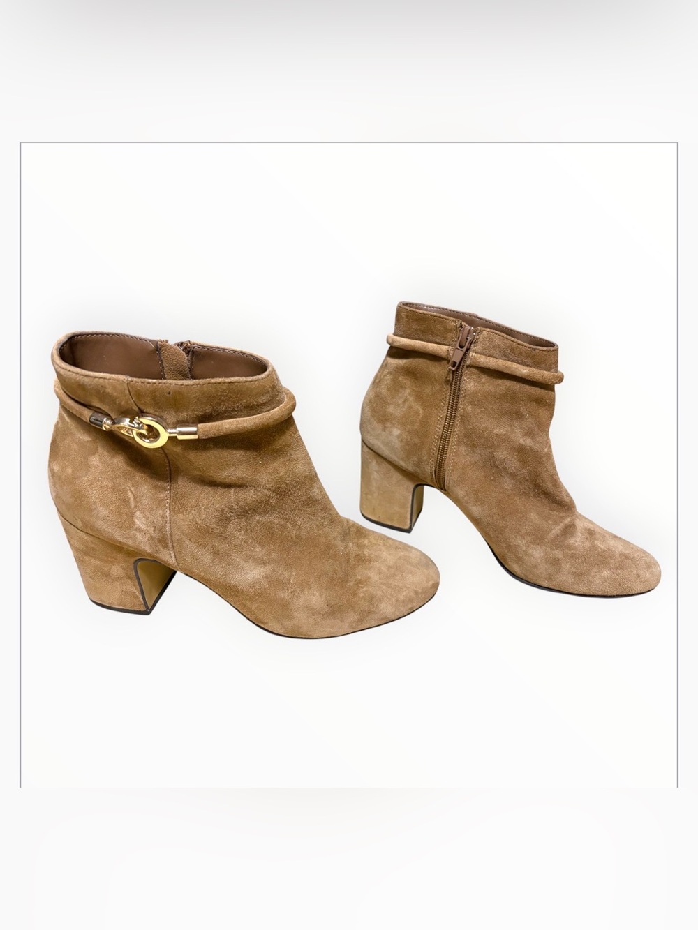 Bella Vita Suede Ankle Booties in Cognac with Gold Accent